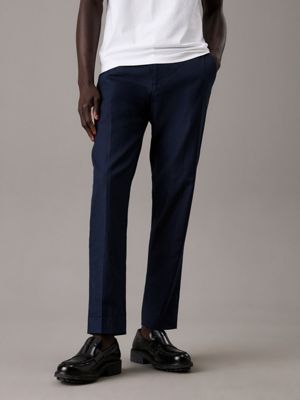 blue tapered linen lyocell trousers for men calvin klein