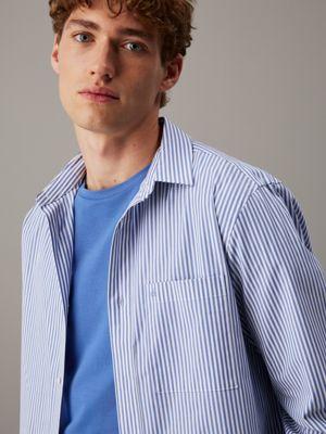 white / dutch blue stripe poplin stretch striped shirt for men calvin klein