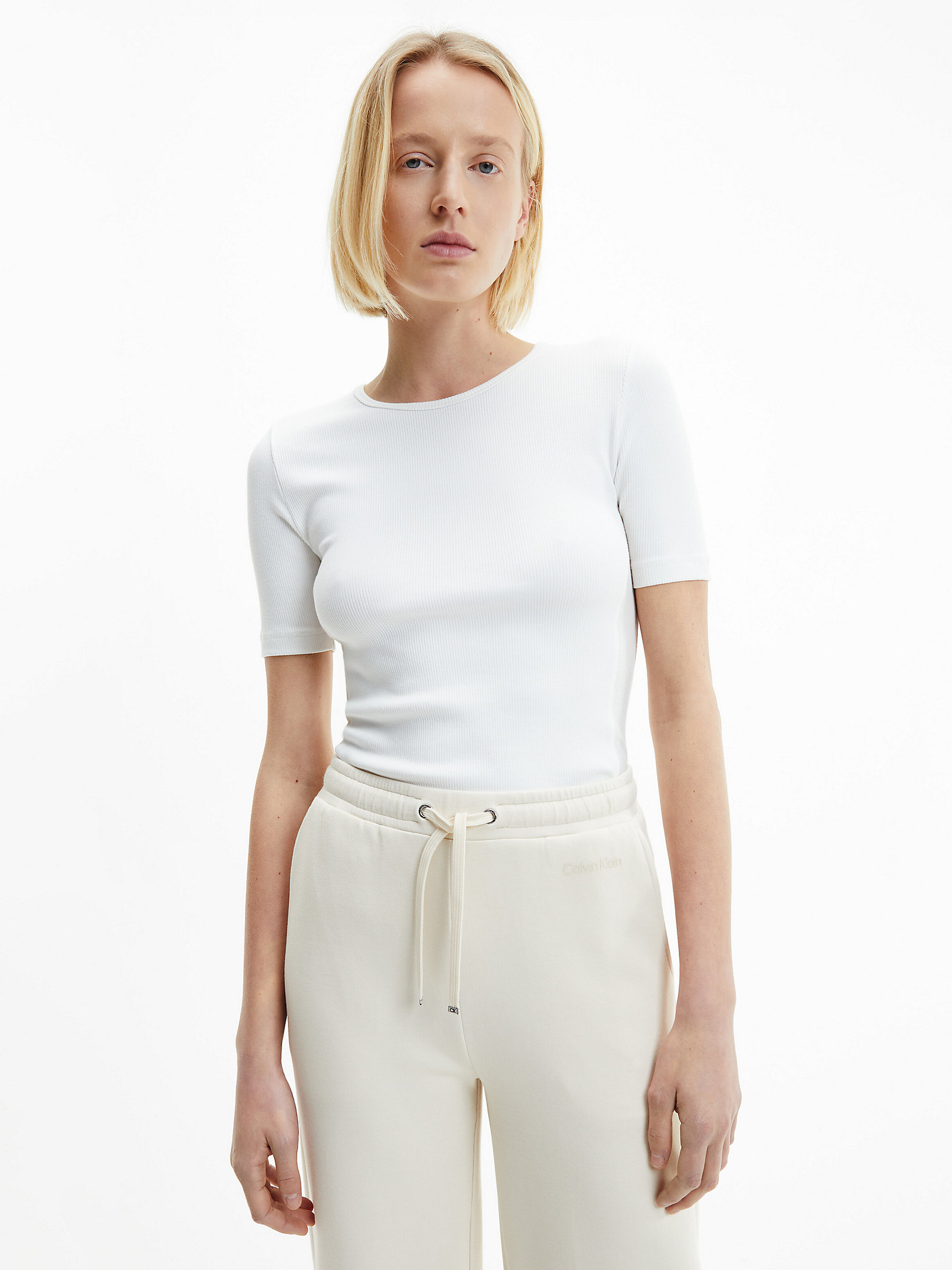 Ecru Rib Jersey Short Sleeve Top undefined women Calvin Klein