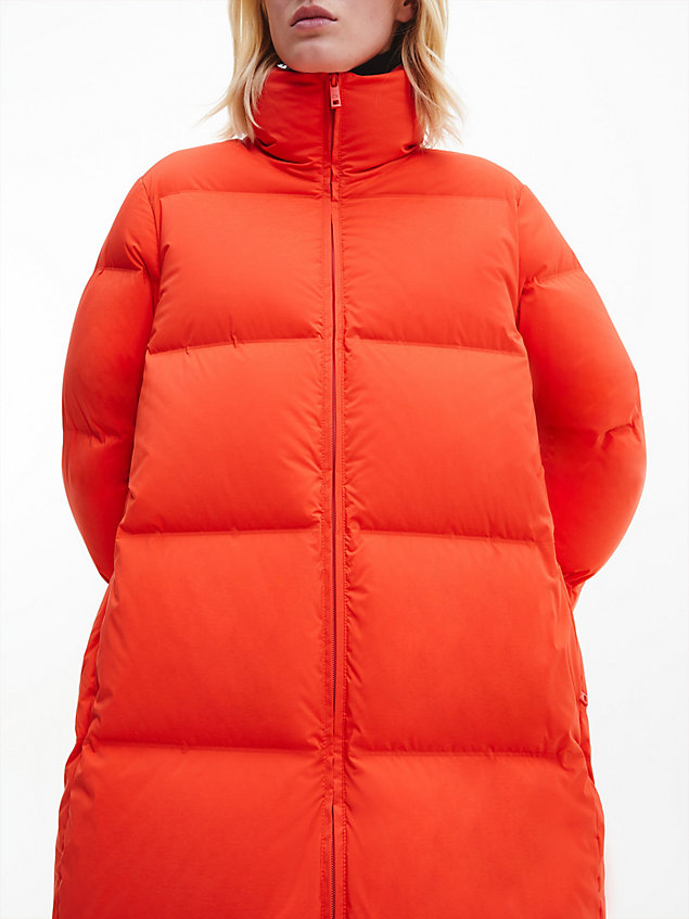 orange seamless down maxi coat for women calvin klein
