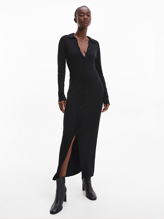 CK Black Wool Lyocell Ribbed Dress undefined women Calvin Klein