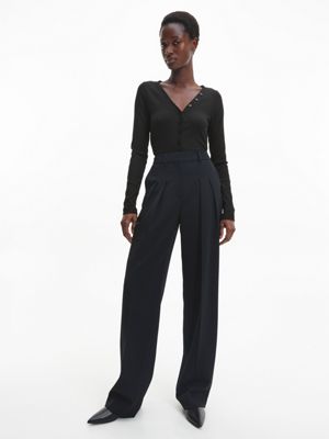 ck black skinny ribbed modal henley shirt for women calvin klein
