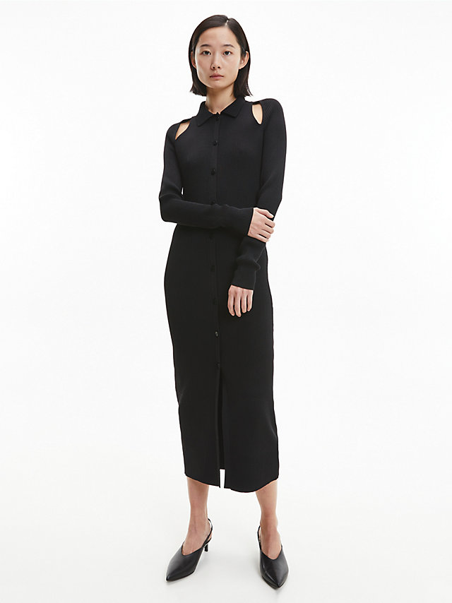 CK Black Schmales Geripptes Midi-Kleid undefined Damen Calvin Klein