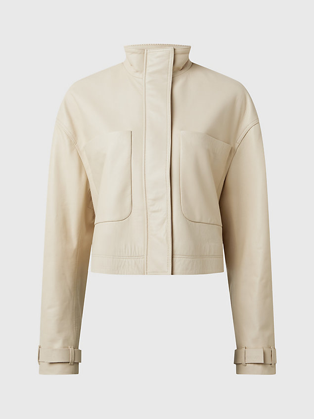 beige cropped leather jacket for women calvin klein