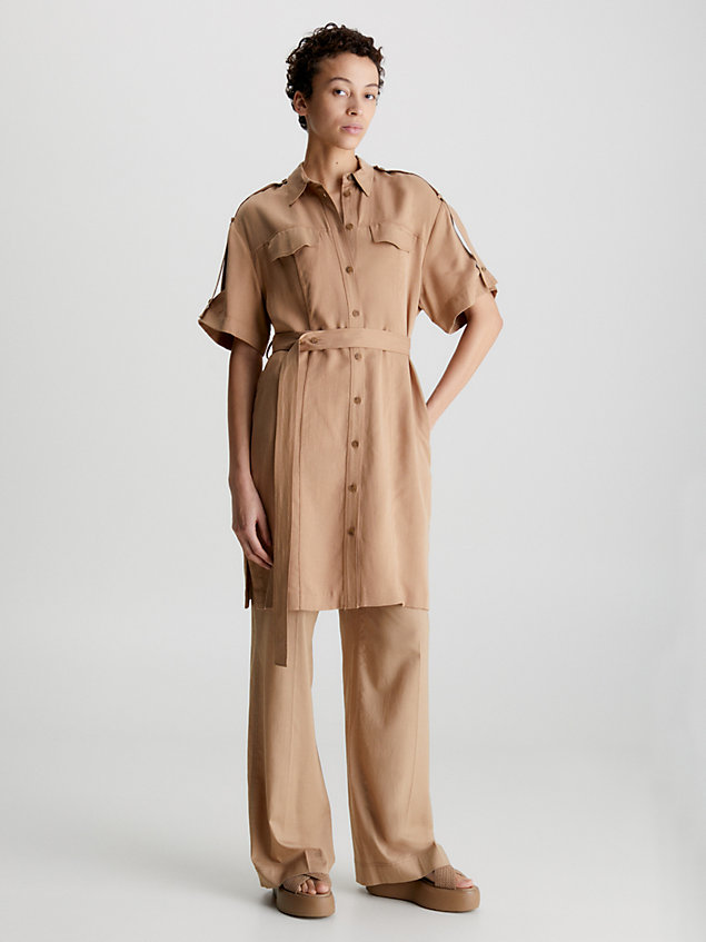 brown relaxed tencel linen shirt dress for women calvin klein
