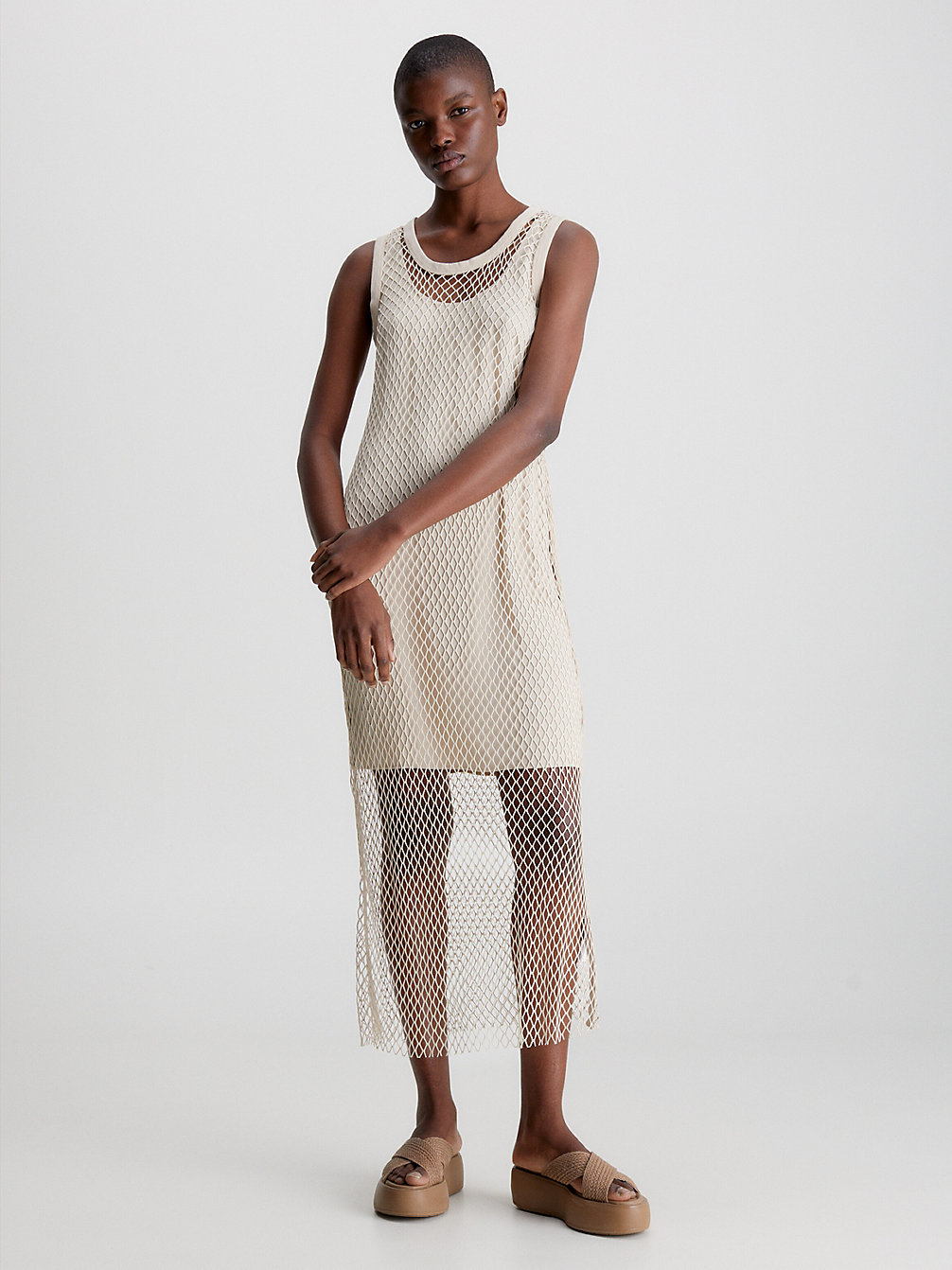 WHITE CLAY Layered Net Tank Dress undefined women Calvin Klein