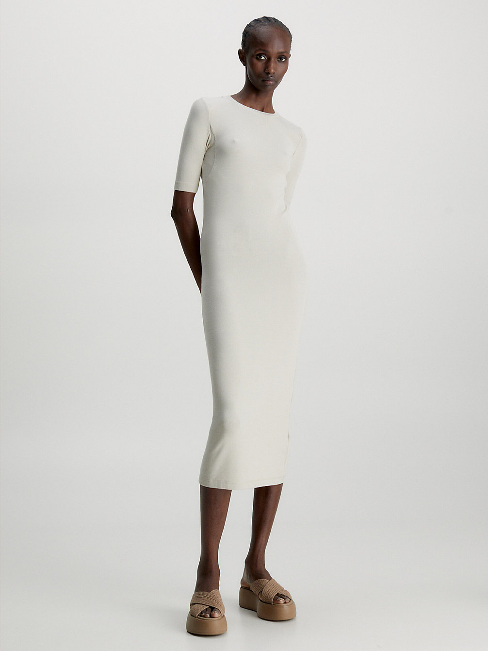 SMOOTH BEIGE Robe Longueur Midi Côtelée En Modal undefined femmes Calvin Klein