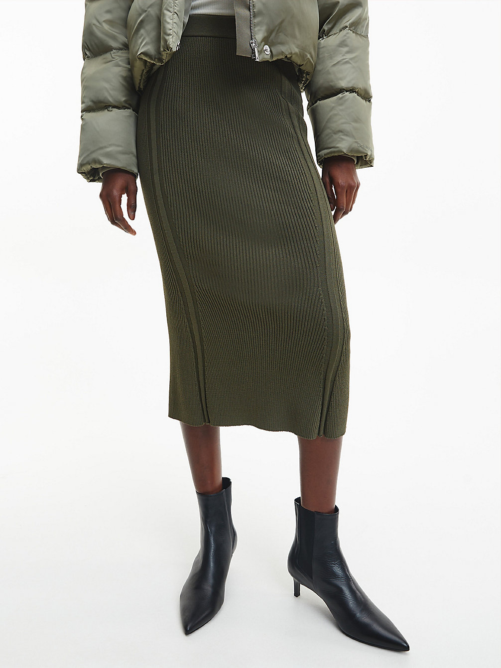 WILLOW GREEN Ribbed Flared Midi Skirt undefined women Calvin Klein