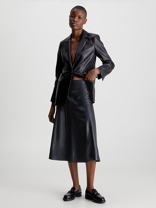 ck black leather a-line midi skirt for women calvin klein