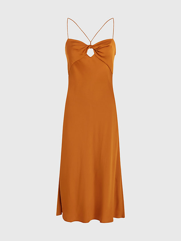 brown slim jurk met spaghettibandjes met gedraaide voorkant voor dames - calvin klein