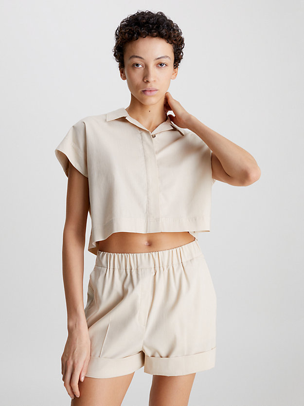 white clay relaxed lyocell cropped shirt for women calvin klein