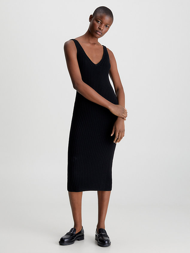 black slim wool layered knit dress for women calvin klein