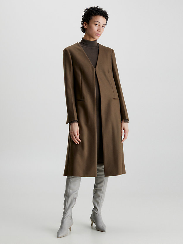 brown kelp wool blend collarless coat for women calvin klein