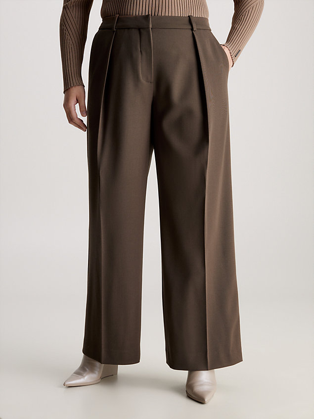 brown wool twill wide leg trousers for women calvin klein