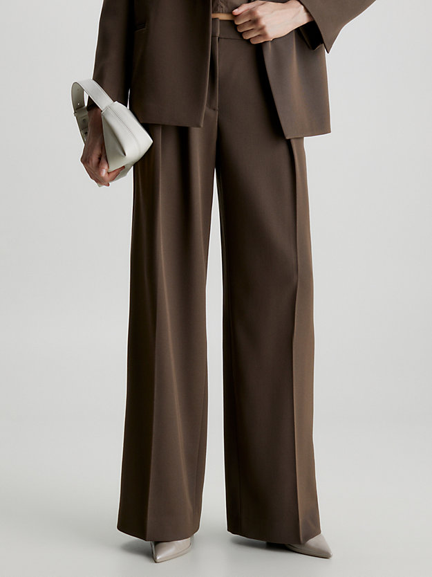 brown kelp spodnie z szerokimi nogawkami z wełnianego twillu dla kobiety - calvin klein