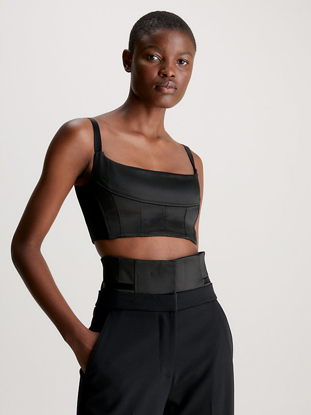 black slim cropped corset top for women calvin klein