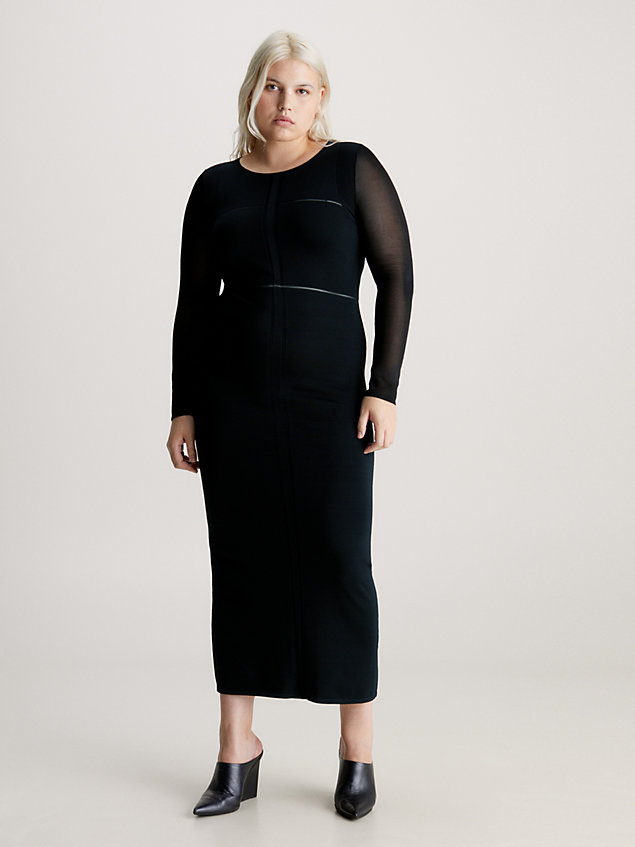 black schmales midi-kleid mit transparenten stoffeinsätzen für damen - calvin klein