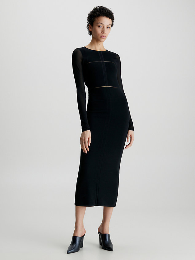 black slanke halflange jurk met doorzichtig paneel voor dames - calvin klein