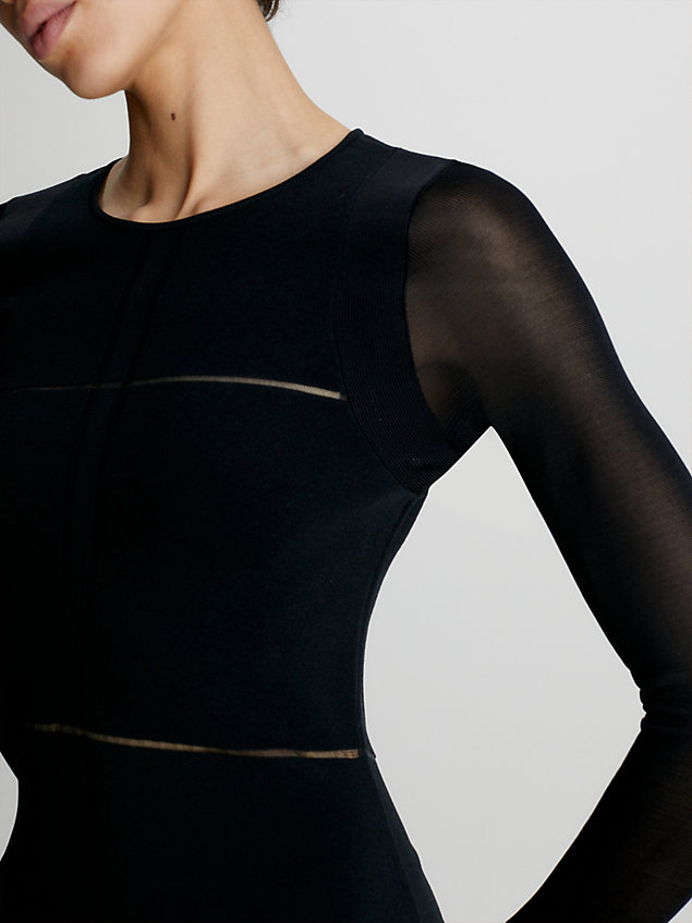 black schmales midi-kleid mit transparenten stoffeinsätzen für damen - calvin klein