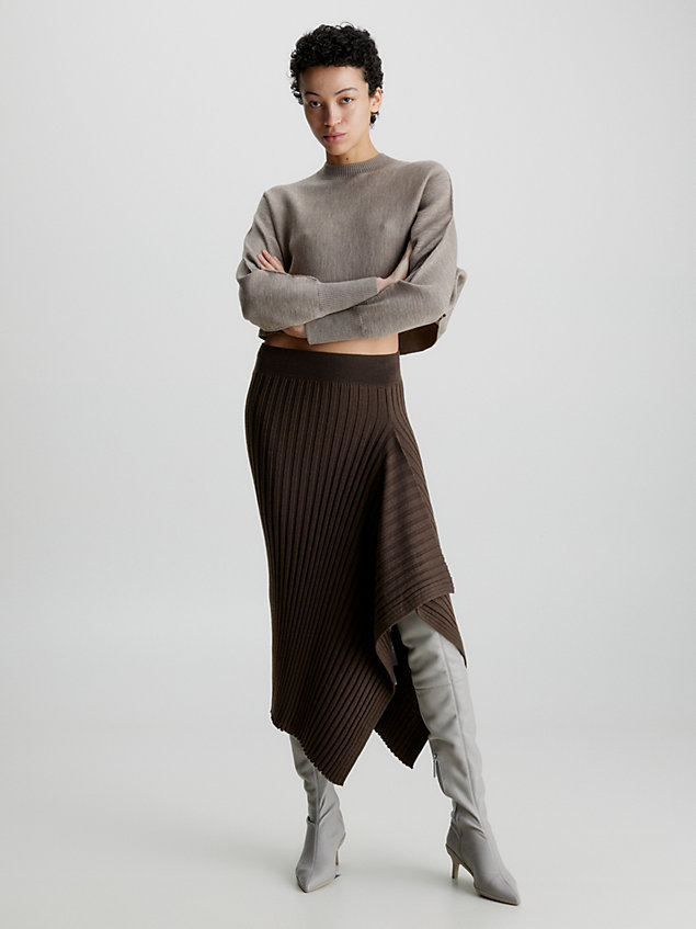 brown slim ribbed asymmetric skirt for women calvin klein