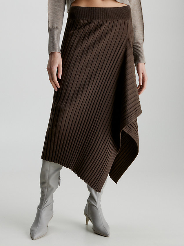 brown slim ribbed asymmetric skirt for women calvin klein