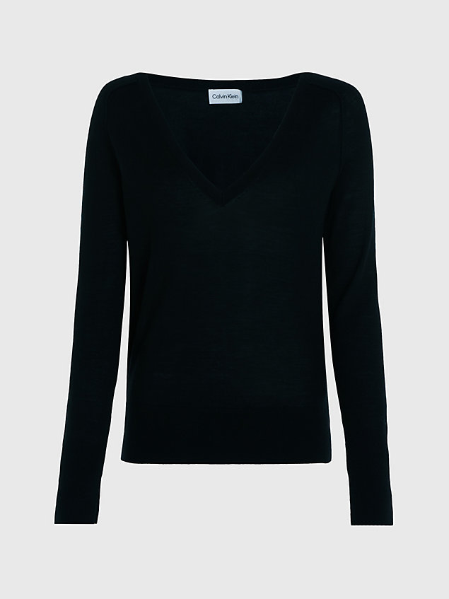black wąski sweter z dekoltem w serek z wełny merynosa dla kobiety - calvin klein