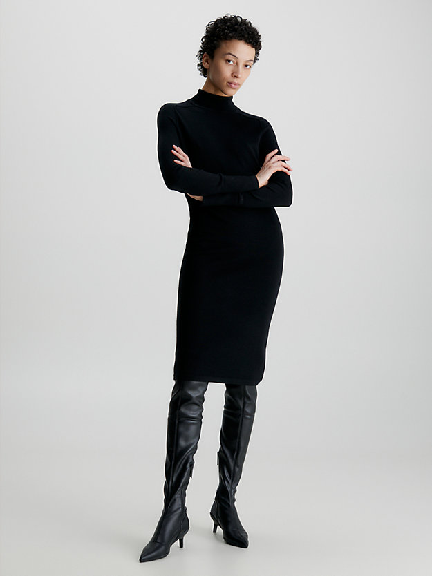 ck black wełniana dopasowana sukienka z wywijanym dekoltem dla kobiety - calvin klein