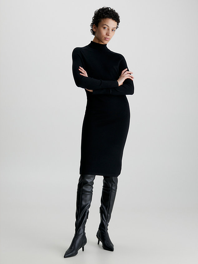 black wool roll neck bodycon dress for women calvin klein