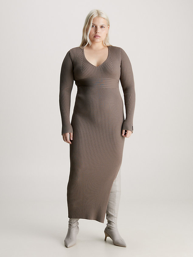 grey dopasowana sukienka midi z dzianiny ściągaczowej dla kobiety - calvin klein