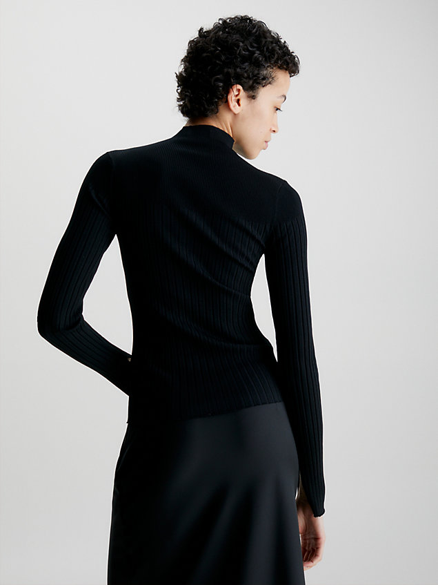 black wąski sweter z półgolfem ze ściągaczowego materiału dla kobiety - calvin klein
