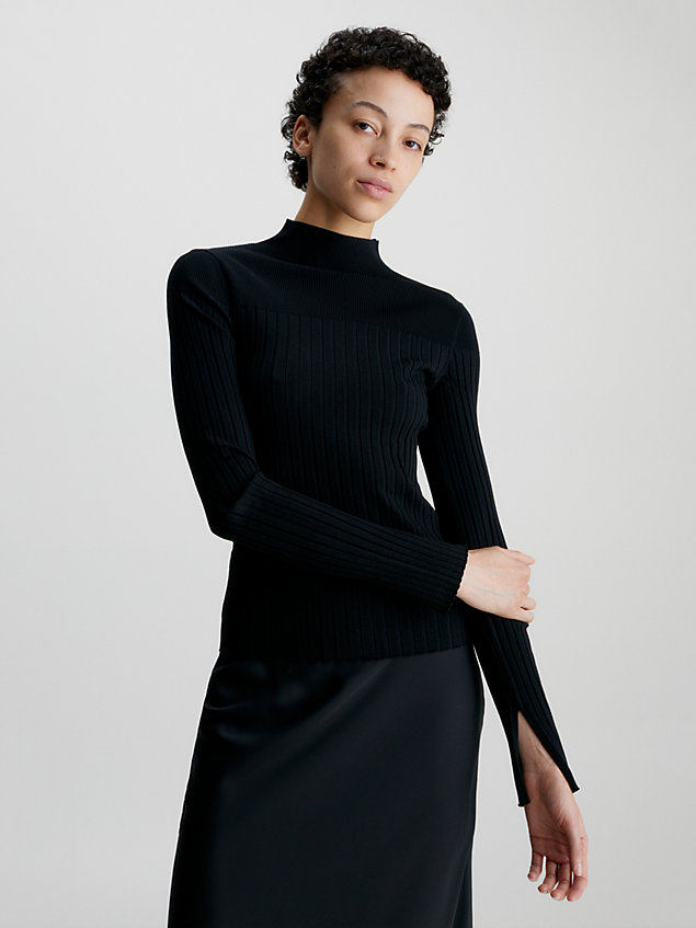 black wąski sweter z półgolfem ze ściągaczowego materiału dla kobiety - calvin klein
