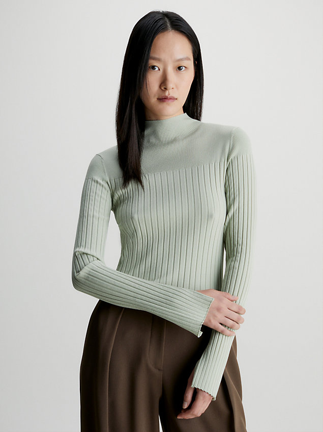 green wąski sweter z półgolfem ze ściągaczowego materiału dla kobiety - calvin klein