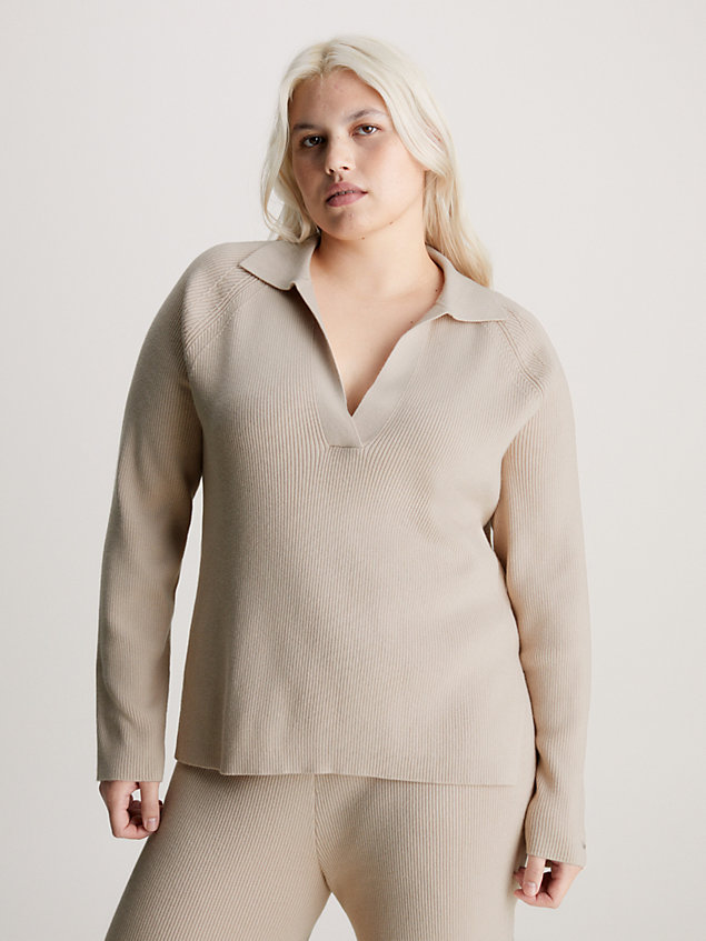 grey swobodny sweter z dekoltem polo dla kobiety - calvin klein