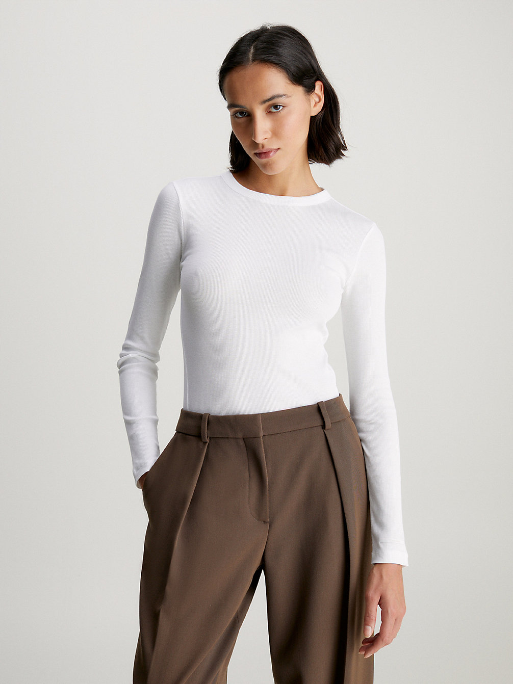 BRIGHT WHITE Slim Geribbeld T-Shirt Met Lange Mouwen undefined dames Calvin Klein