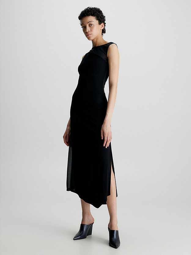 ck black fließendes kleid mit durchsichtigen einsätzen für damen - calvin klein