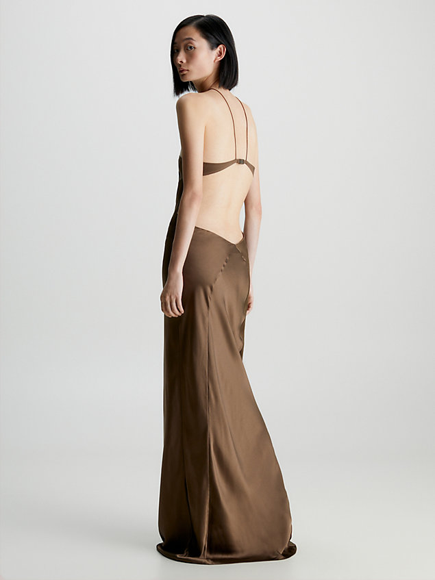 brown slim silk maxi slip dress for women calvin klein