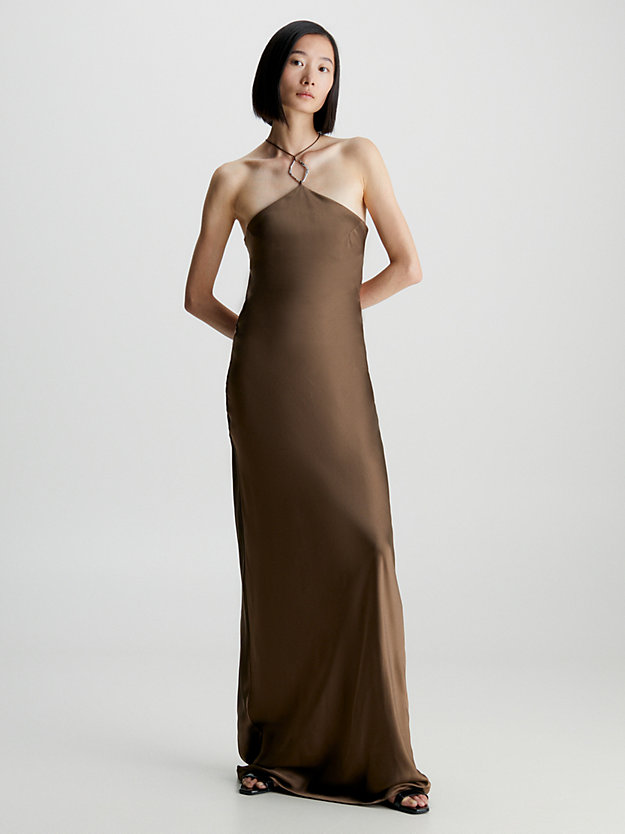 brown kelp slim silk maxi slip dress for women calvin klein
