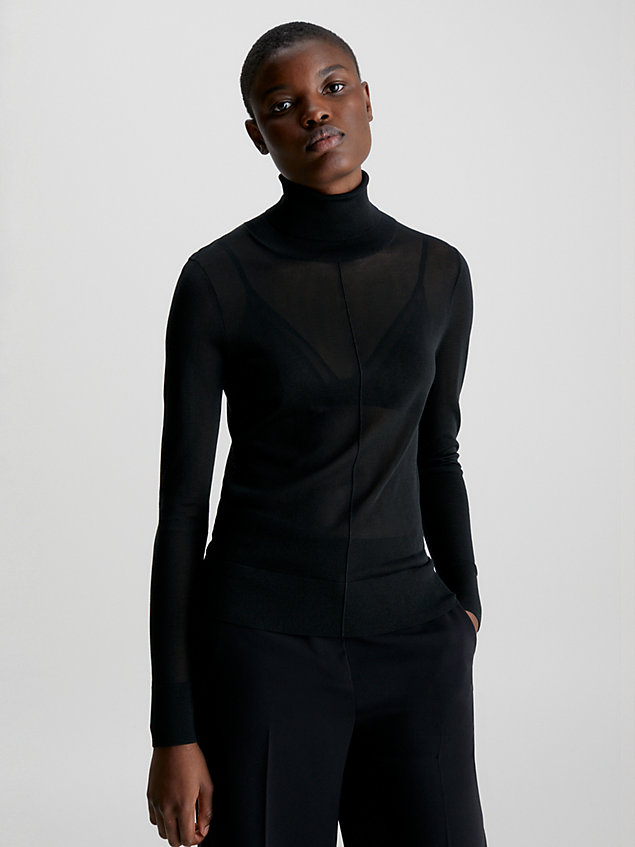 black wąski prześwitujący sweter z wywijanym dekoltem dla kobiety - calvin klein