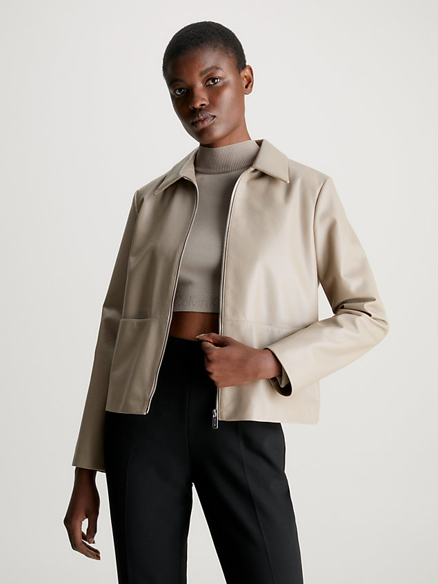 khaki regenerated leather zip up jacket for women calvin klein