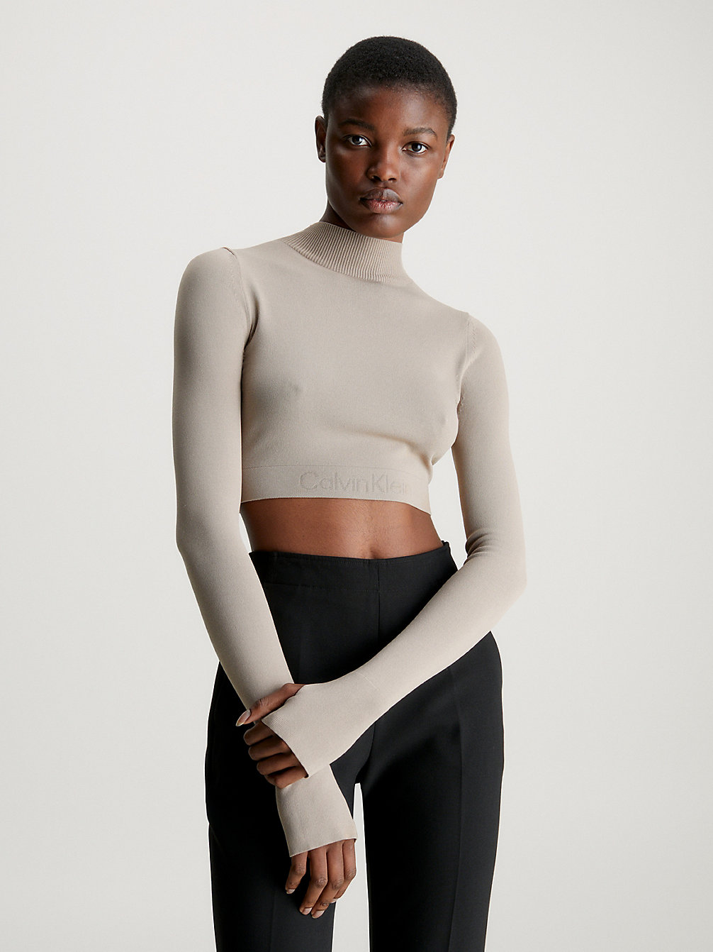 NEUTRAL TAUPE Cropped Sweater Mit Logo Tape undefined Damen Calvin Klein
