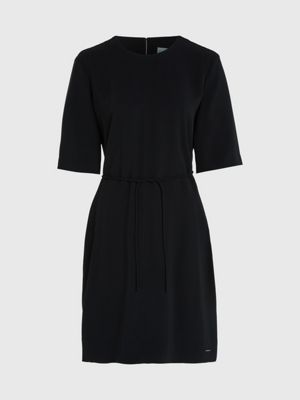 THE SLEEVELESS BELTED MINI DRESS in BLACK TEXTURED COTTON