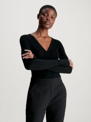 Deep V Neck Long Sleeve Women Black Plus Size Bodysuit - China