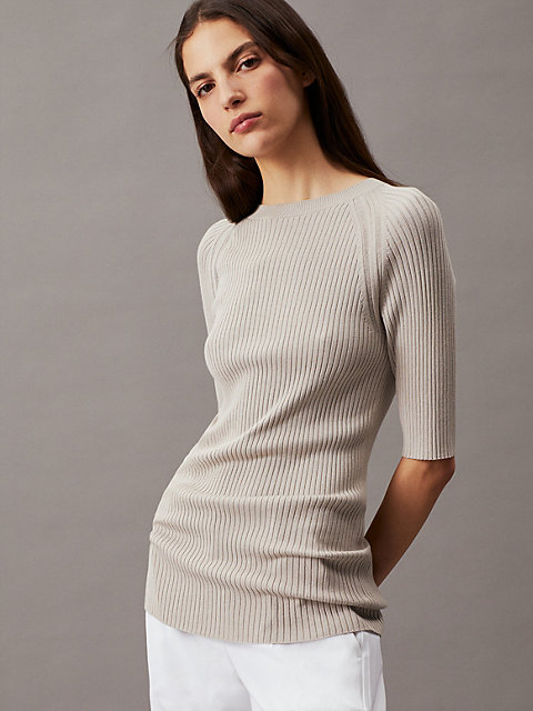 beige wąski ściągaczowy sweter z wiskozy dla kobiety - calvin klein