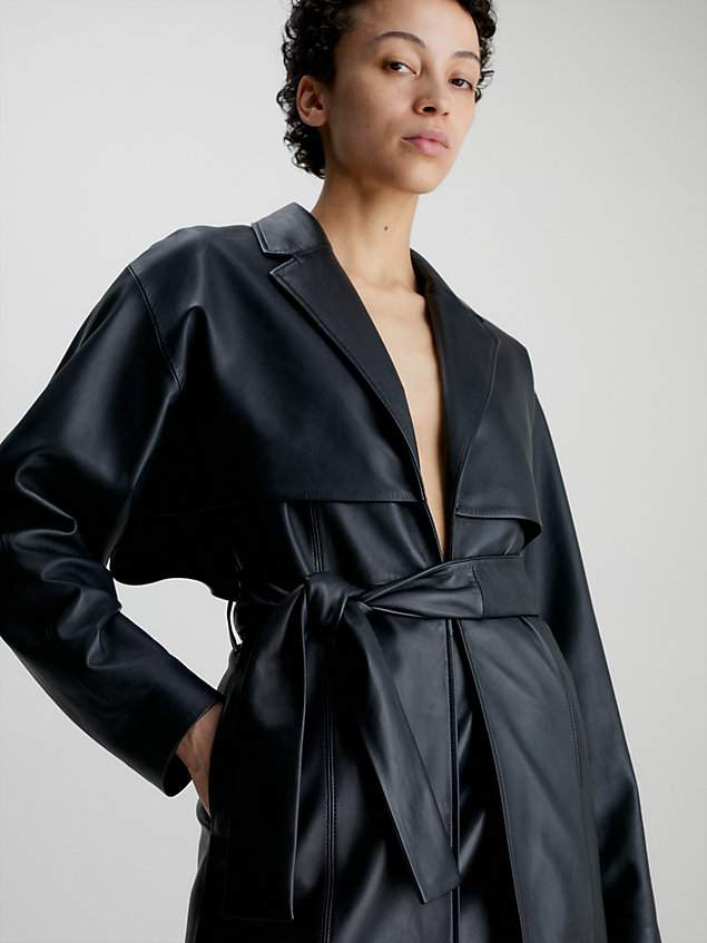 black leather tailored trench coat for women calvin klein