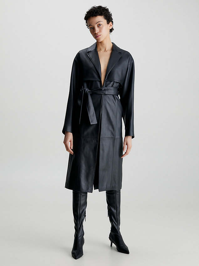 black leather tailored trench coat for women calvin klein