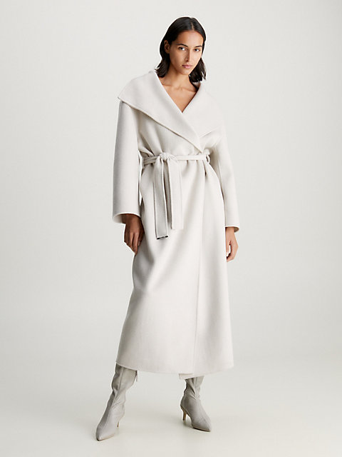 grey wełniany płaszcz kopertowy z paskiem dla kobiety - calvin klein