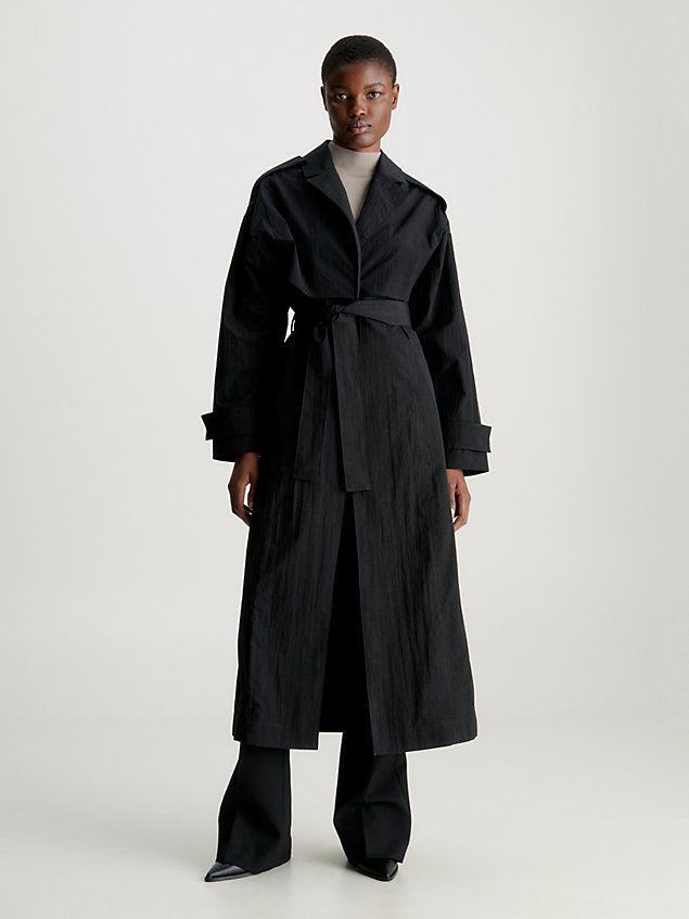 black oversized trenchcoat aus nylon im knitter-look für damen - calvin klein
