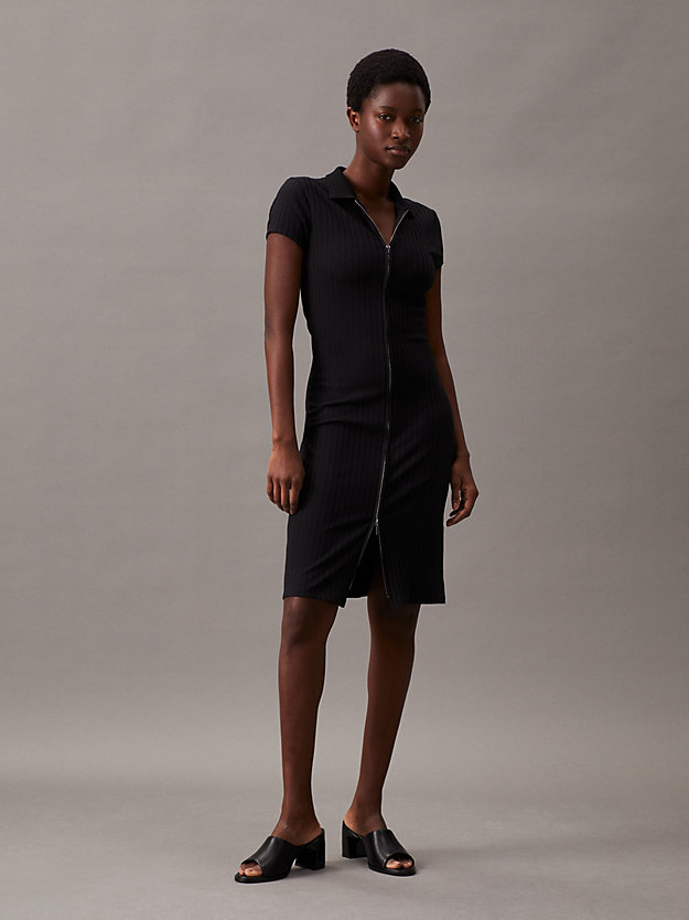 ck black geribbelde slim jurk met rits voor dames - calvin klein