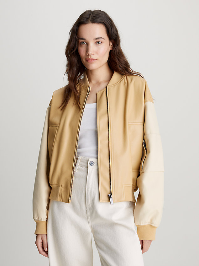 beige relaxed leather bomber jacket for women calvin klein