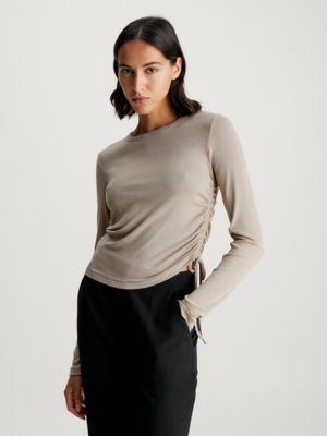 khaki schmales geripptes t-shirt mit tunnelzug für damen - calvin klein